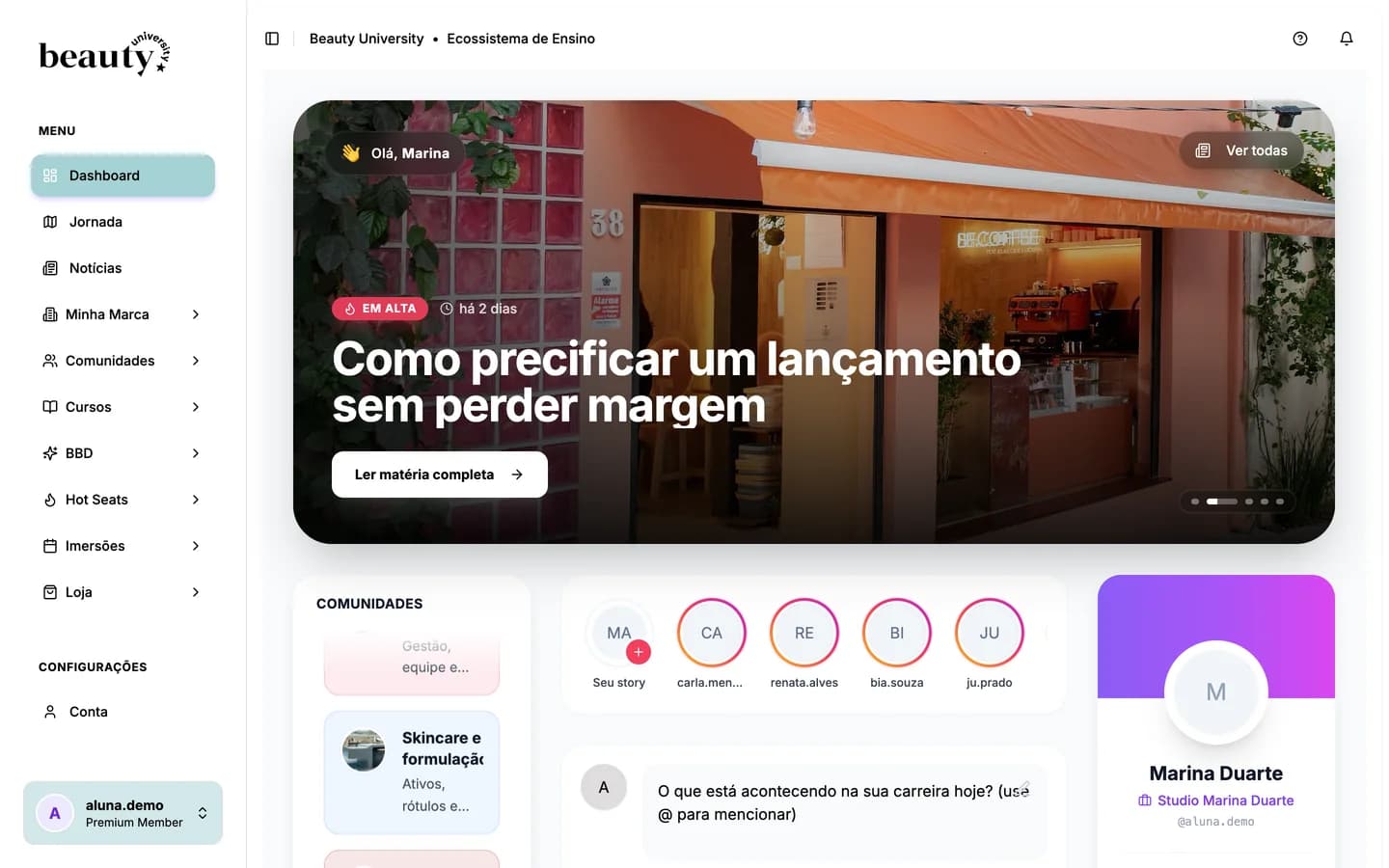 Área do aluno da Beauty University, com os cursos em andamento de uma aluna fictícia.