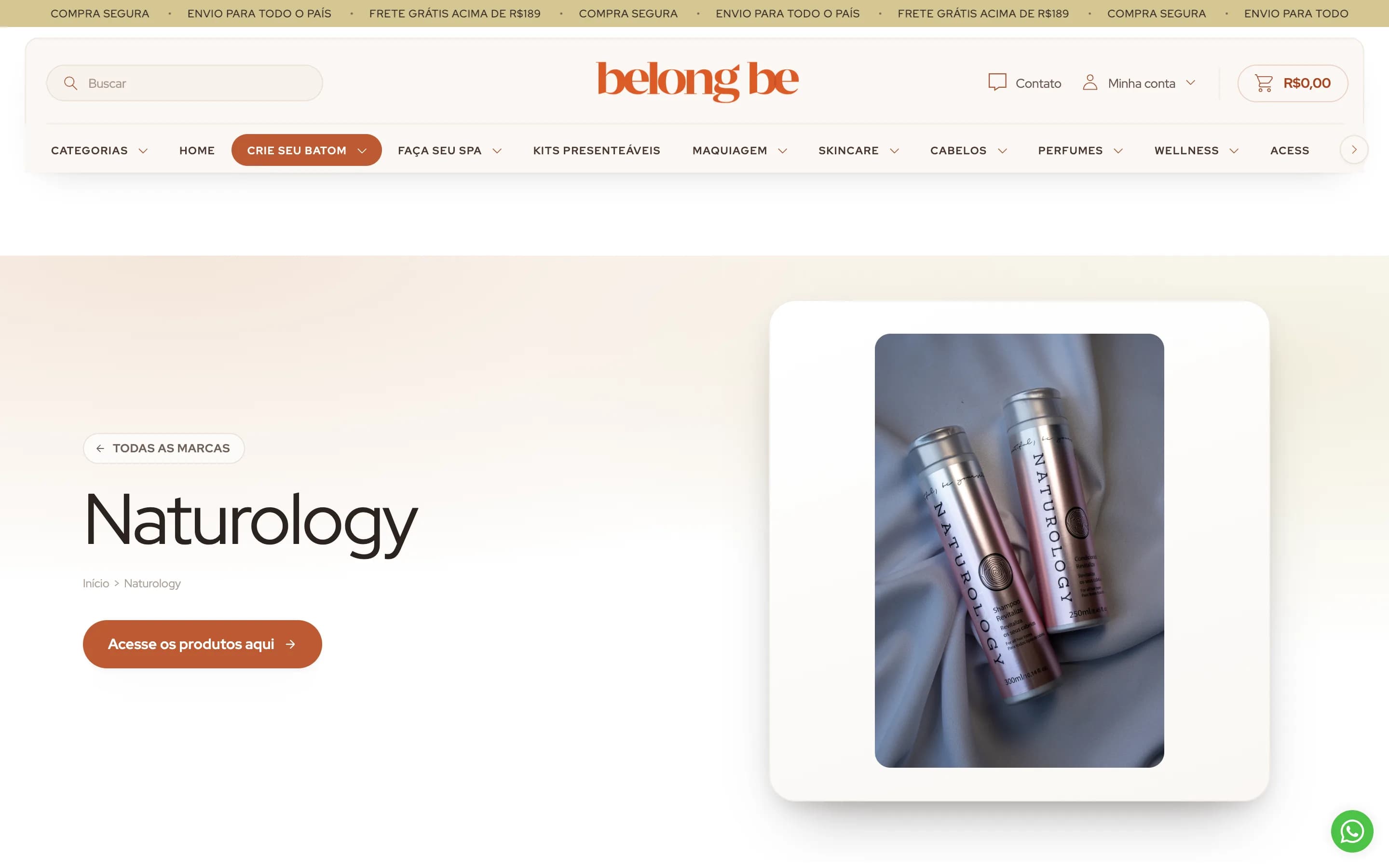Página da marca Naturology dentro da loja da Belong Be, com o nome da marca, a foto do produto e o botão para ver os produtos.