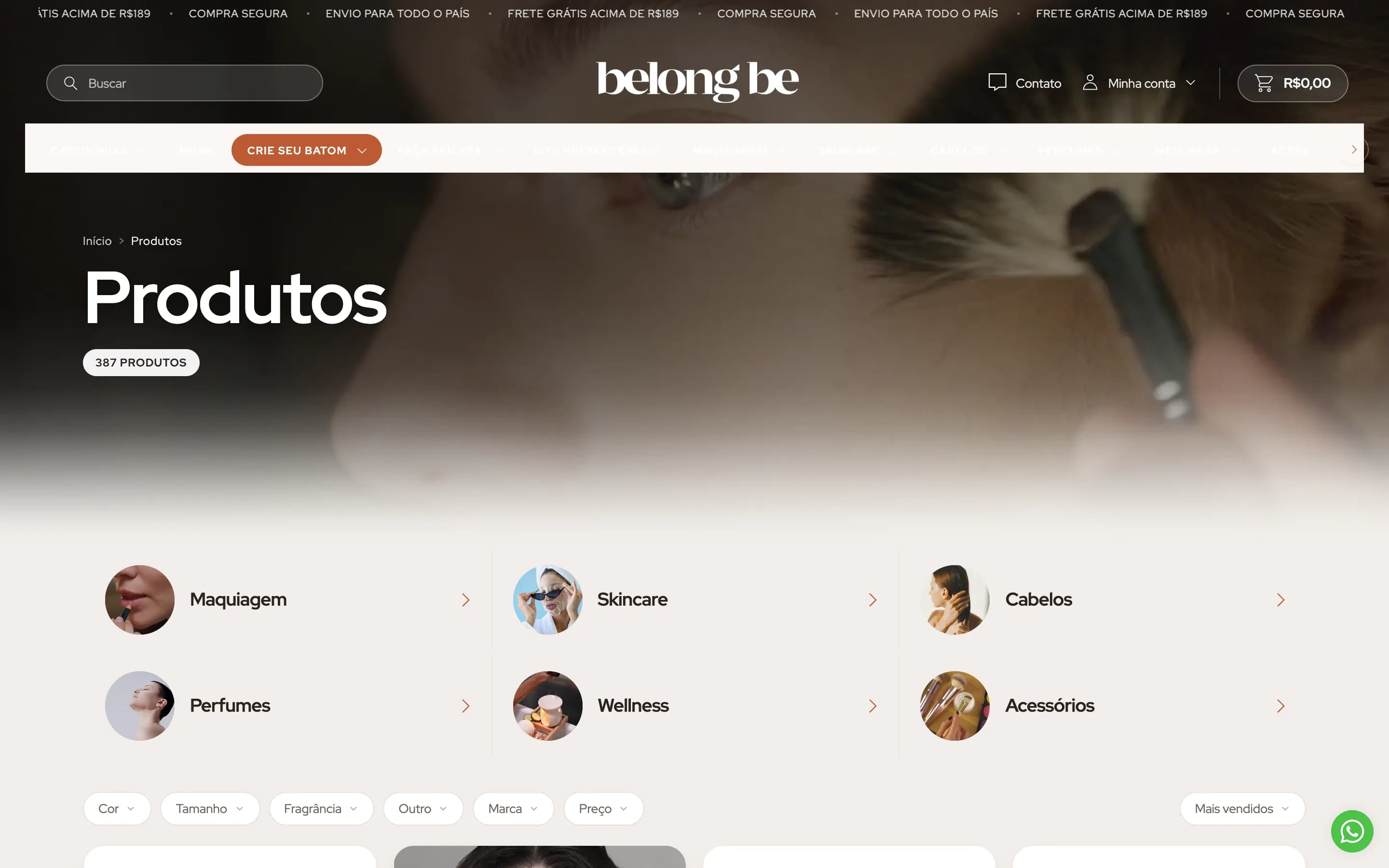 Página de produtos da Belong Be, com as seis categorias principais e uma foto redonda em cada uma.