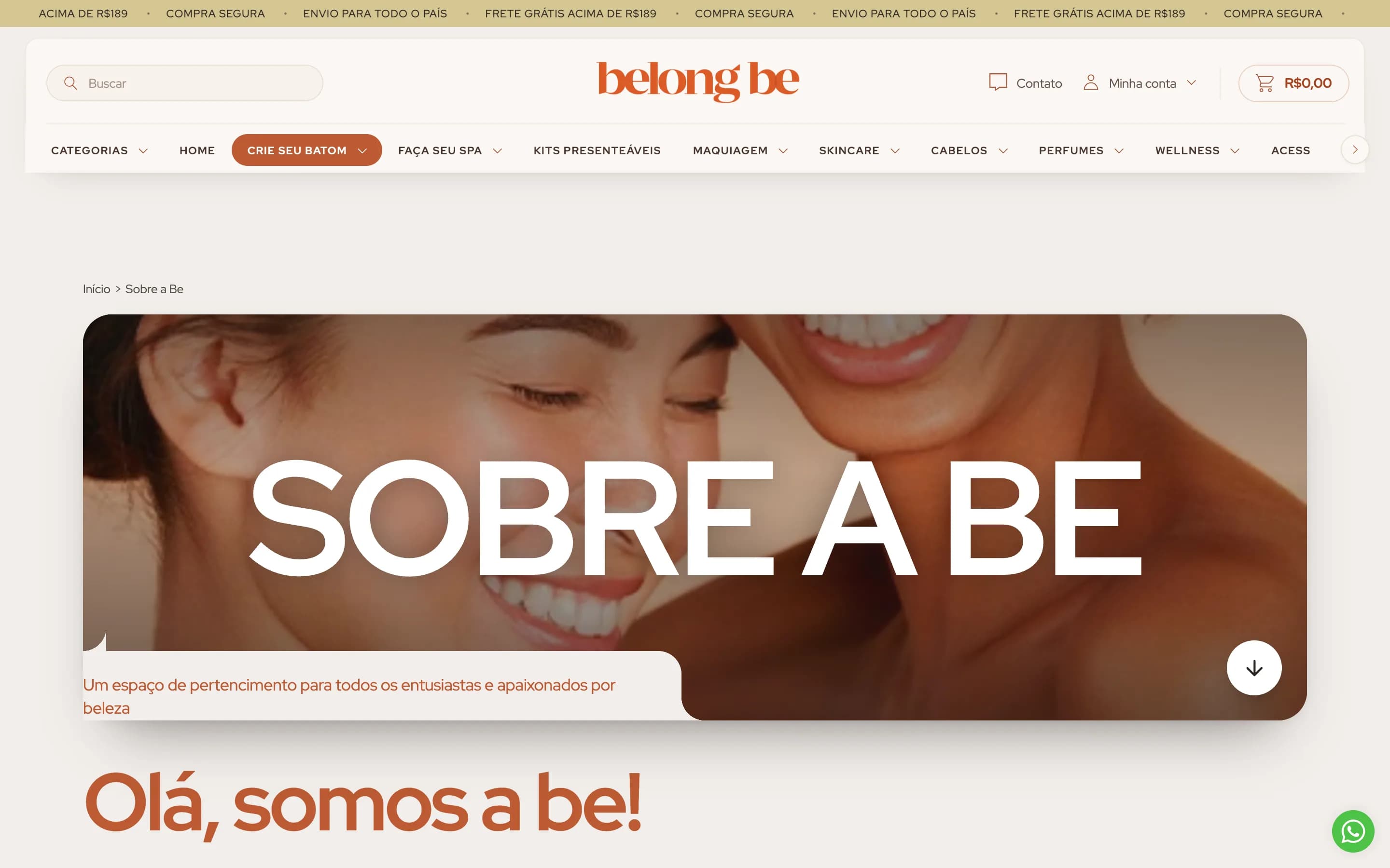 Página "Sobre a Be", com uma foto grande e o título "Olá, somos a be!".