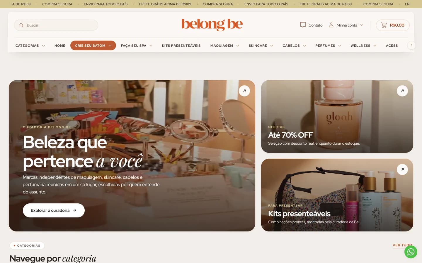 Página inicial da loja da Belong Be.
