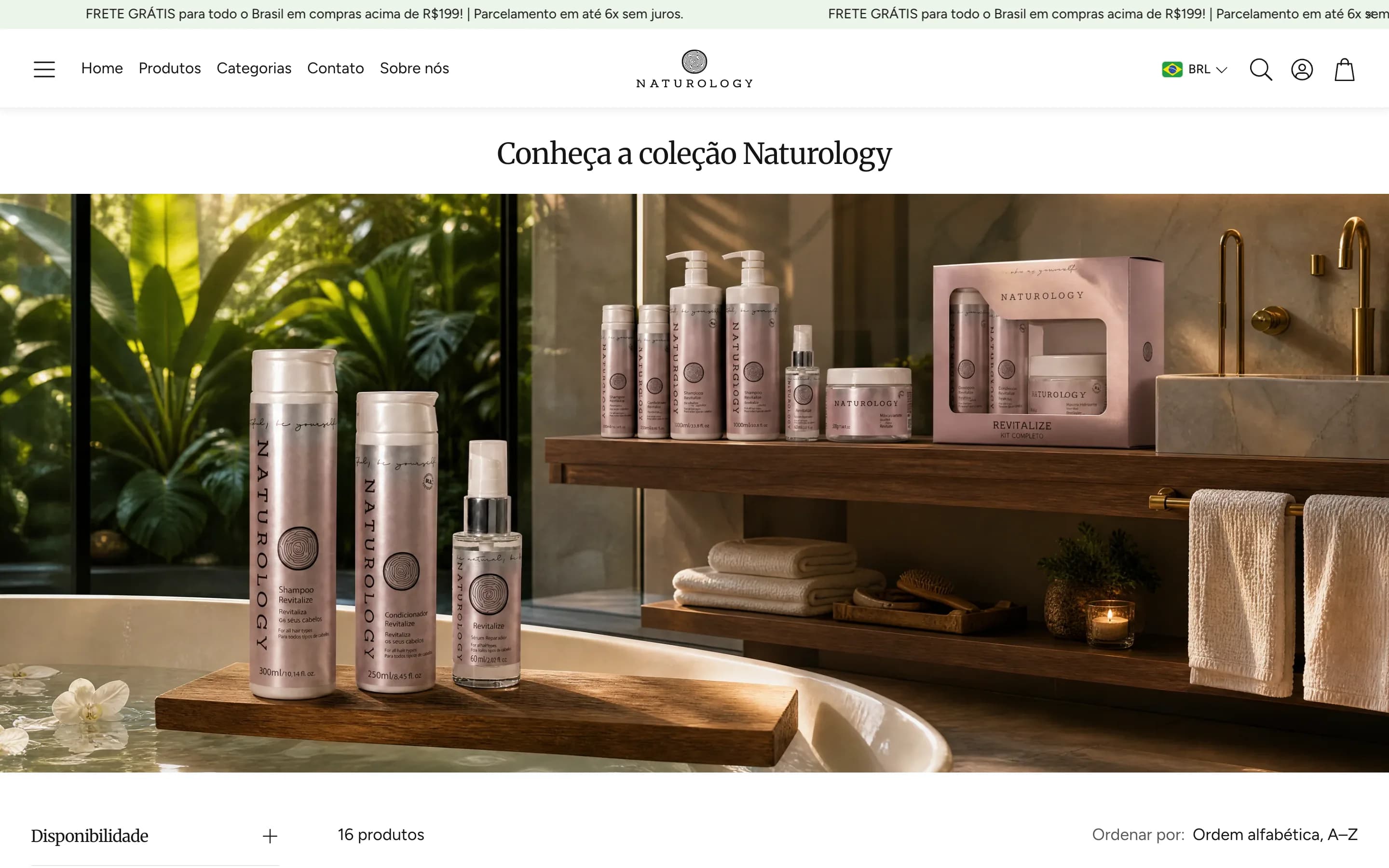 Página da coleção Naturology, com uma foto dos produtos sobre uma bancada de banheiro.