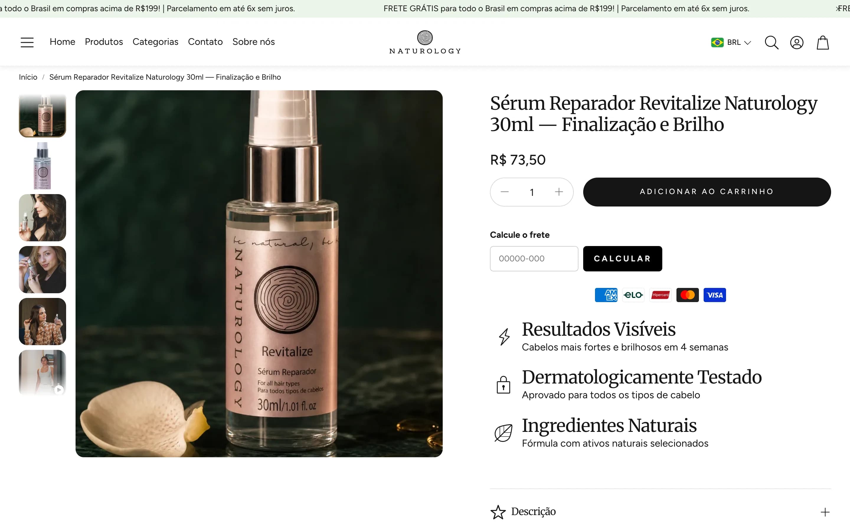 Página do Sérum Reparador Revitalize, com galeria de fotos, preço, cálculo de frete e os atributos da fórmula.