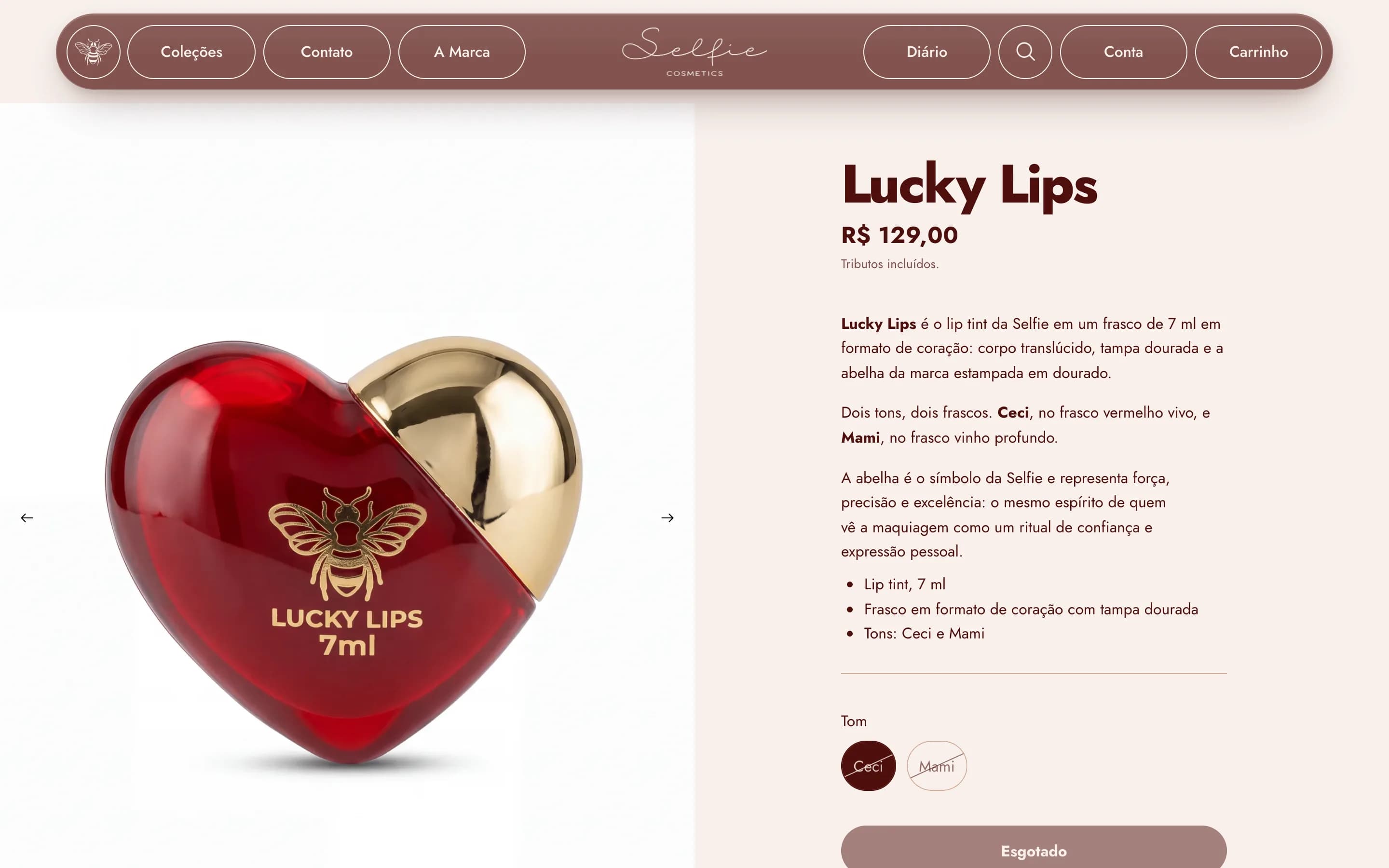 Página do Lucky Lips: o frasco vermelho em formato de coração, o preço, a descrição e a escolha entre os tons Ceci e Mami.