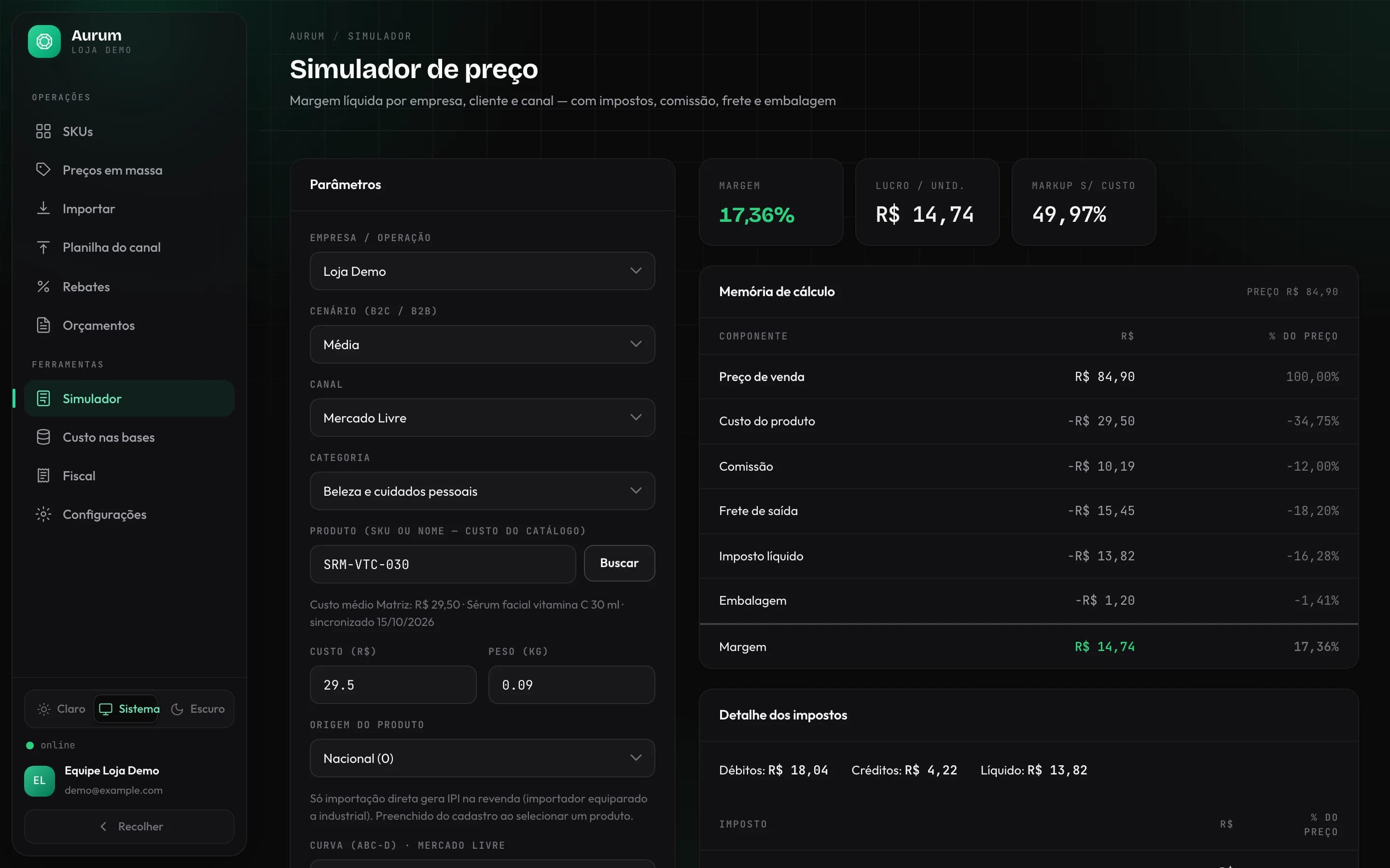 Simulador de preço do Aurum para um sérum facial no Mercado Livre: margem de 17,36%, lucro de R$ 14,74 por unidade e a memória de cálculo do preço de R$ 84,90.