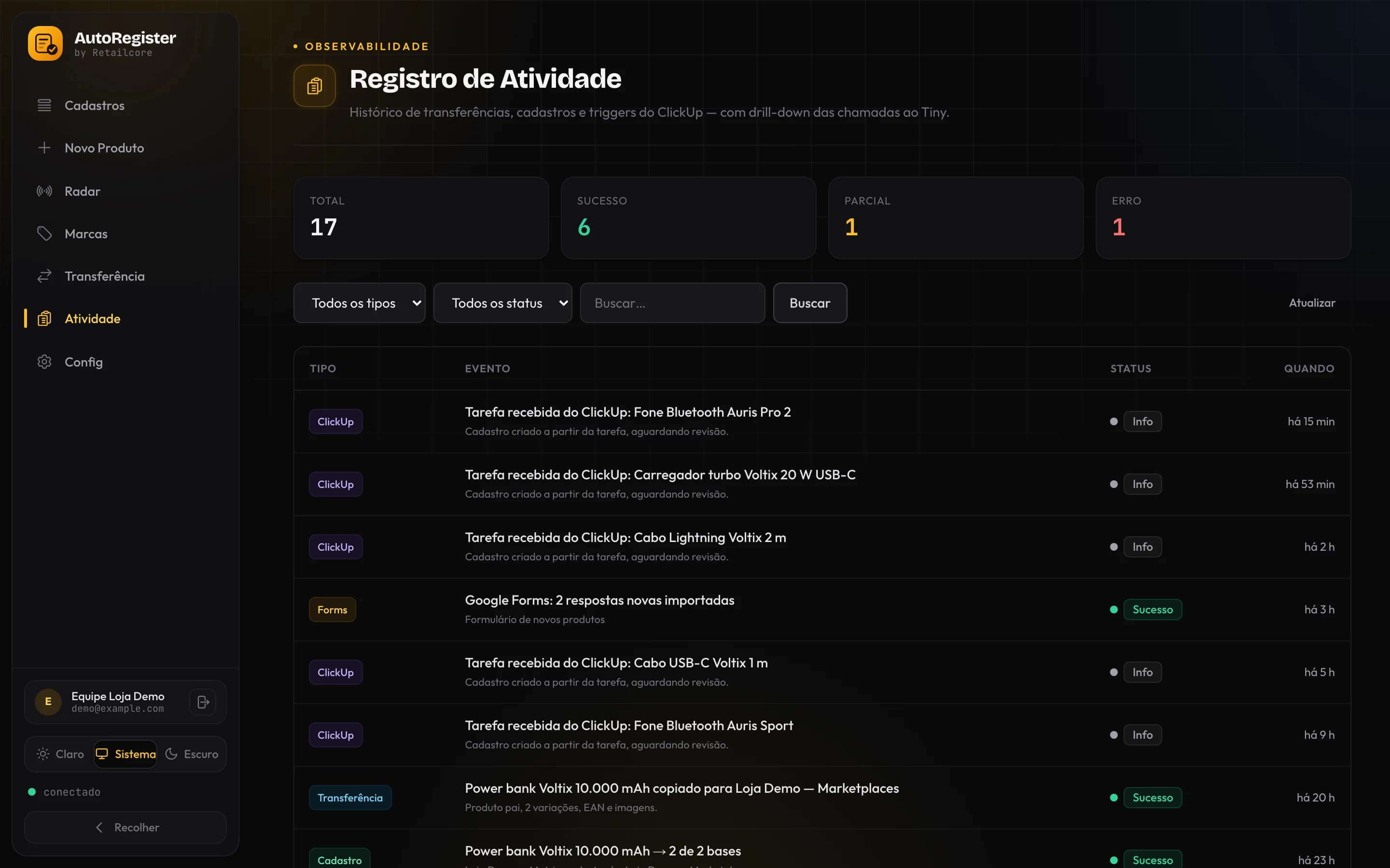 Registro de atividade do AutoRegister: totais por status e a lista de tarefas recebidas do ClickUp, respostas do Google Forms e transferências entre as bases do Tiny.